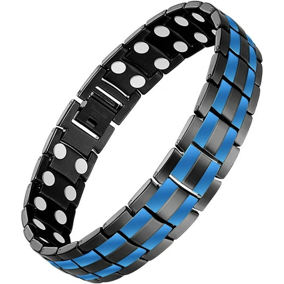 Wollet Stainless Steel Magnetic Bracelet for Men with Double Magnets Adjustable (Black & Blue)