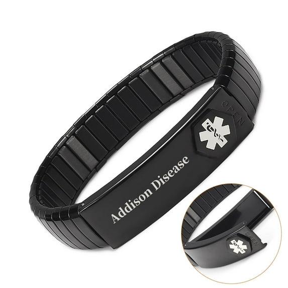 Wollet Stainless Steel Medical Alert Bracelet for Men, 8.2Inch, Black, Engraved Addison Disease