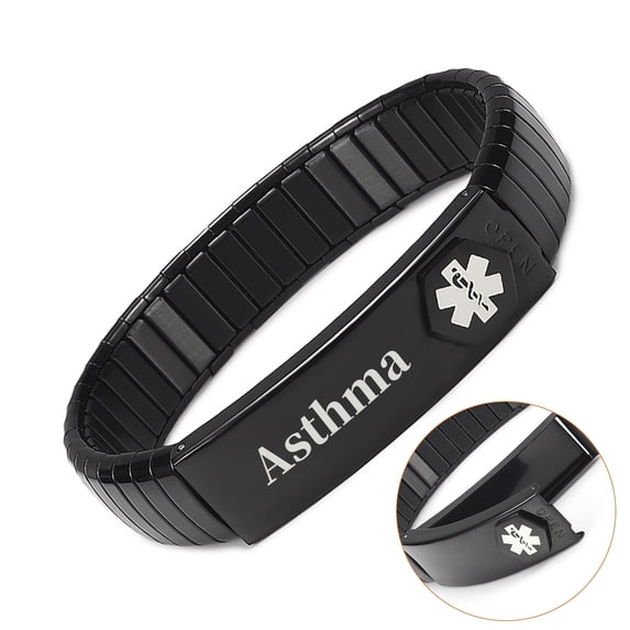 Wollet Stainless Steel Medical Alert Bracelet for Men, 8.2Inch, Black, Engraved Asthma