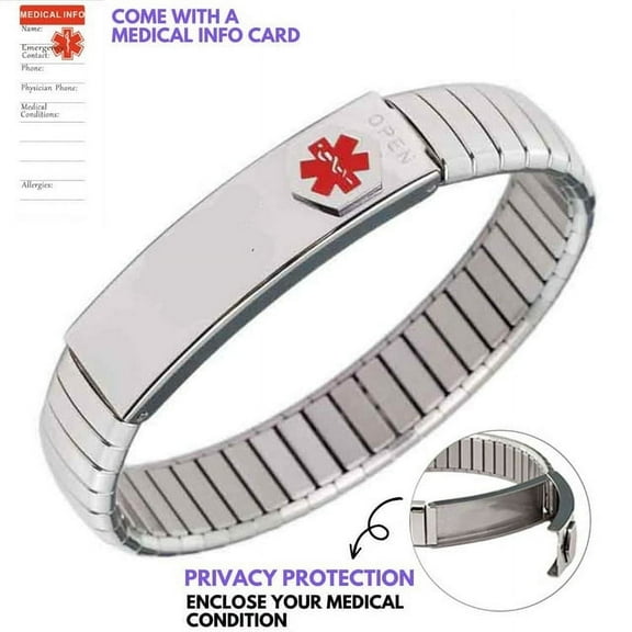 Wollet Stainless Steel Medical Alert Bracelet for Men WoMen, 7.48 Inch,Silver, Engraved Silver