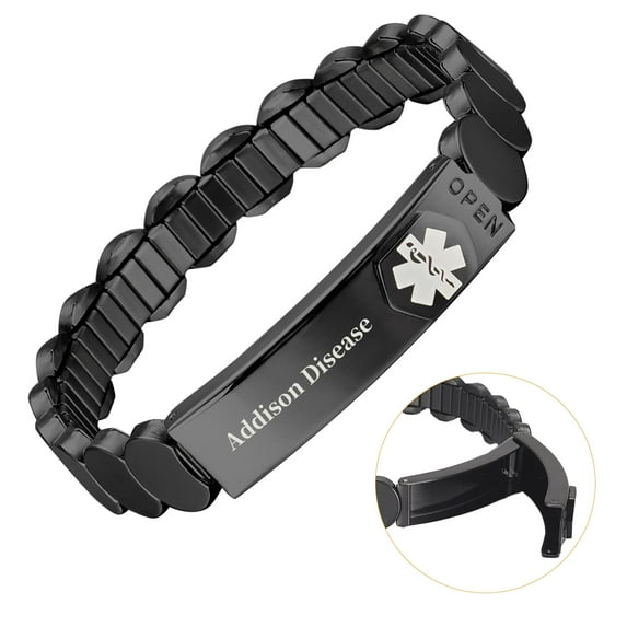 Wollet Stainless Steel Medical Alert Bracelet for WoMen, 6.9 Inch, Black, Engraved Addison Disease