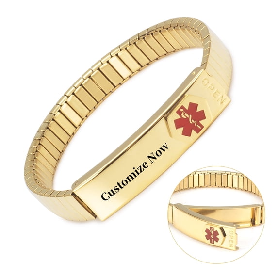 Wollet Stainless Steel Medical Alert Bracelet for WoMen, 6.9 Inch, Glod, Engraved Customize Now