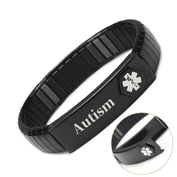 Wollet Stainless Steel Medical Alert Bracelet for WoMen, 7Inch, Black, Engraved Autism