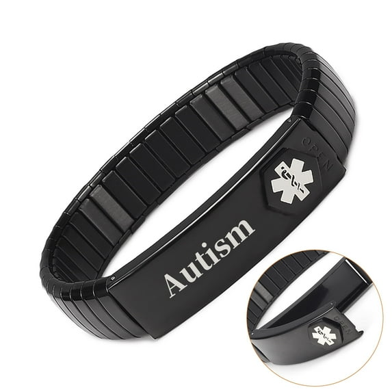 Wollet Stainless Steel Medical Alert Bracelet for WoMen, 7Inch, Black, Engraved Autism