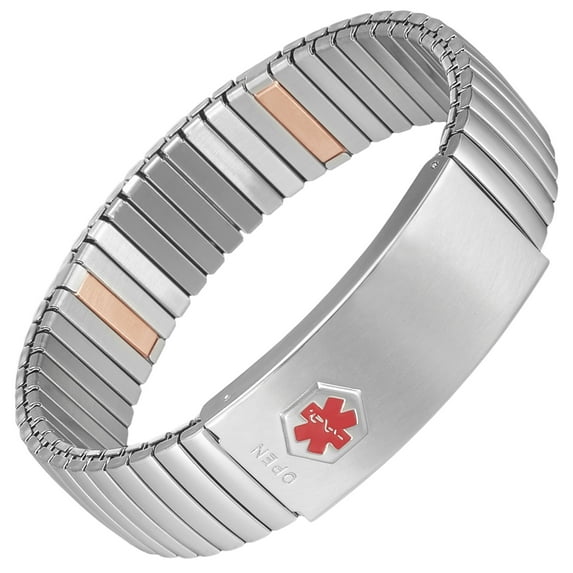 Wollet Stainless Steel Stretch Medical Alert Bracelet for Men, 8.26 in, Silver, Diabetic Type 2