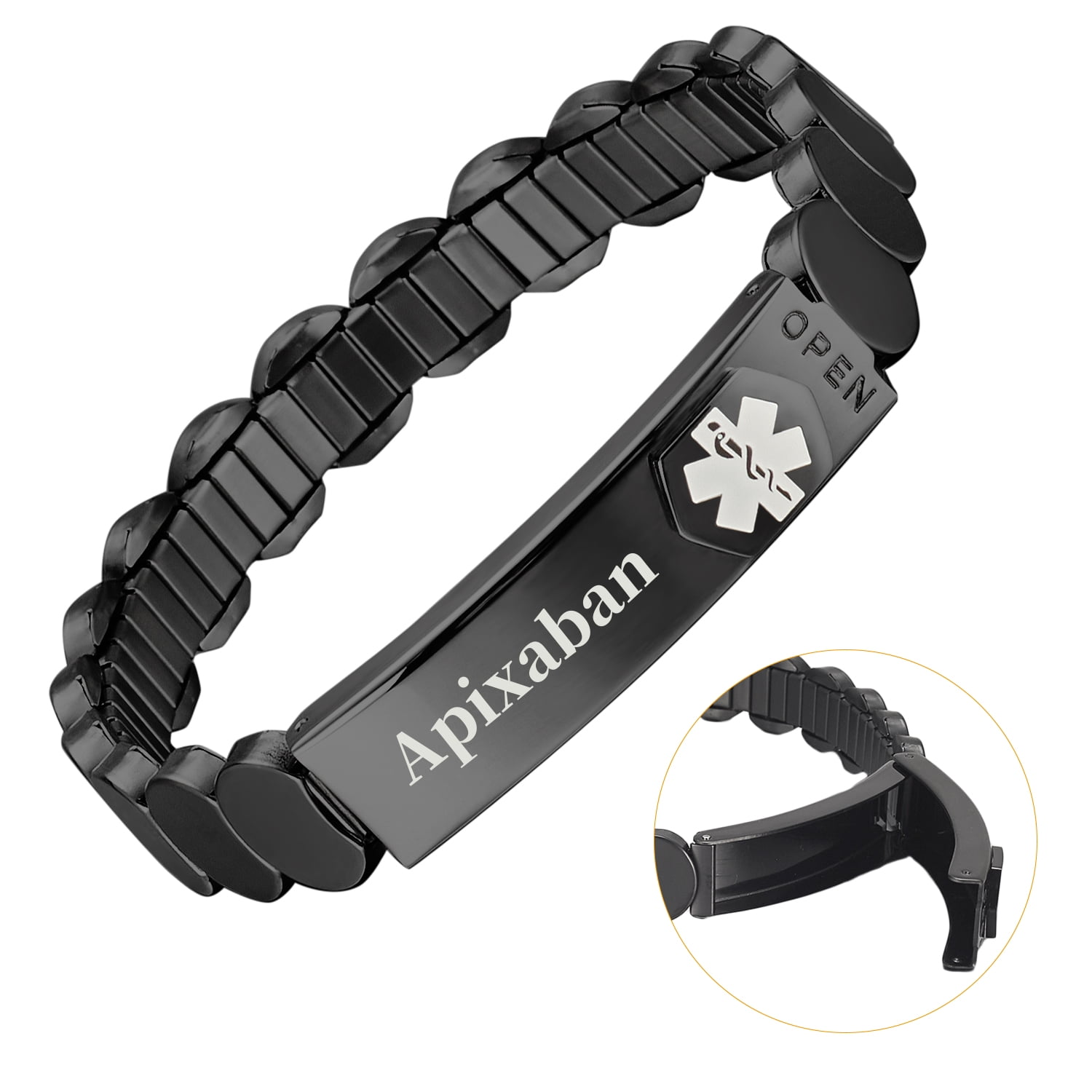 Wollet Stretch Black Medical Alert Bracelet for Women or Men Easy on Easy off 7.5 Stainless Steel ID Bangle Personalized Width 0.39 Apixaban Walmart Business Supplies