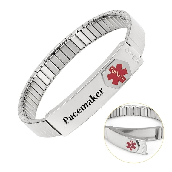 Wollet Stretch Medical Alert Bracelet for Women, Easy on Easy off, 6.88''Stainless Steel ID Bangle Personalized, Width:0.31'' , Pacemaker