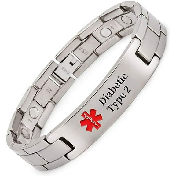 Wollet Titanium Medical Alert Bracelet for Men, 8.66'', ID Bracelet Personalised, Gift for Dad, Grandfather Width：0.5'' (Diabetic Type 2)