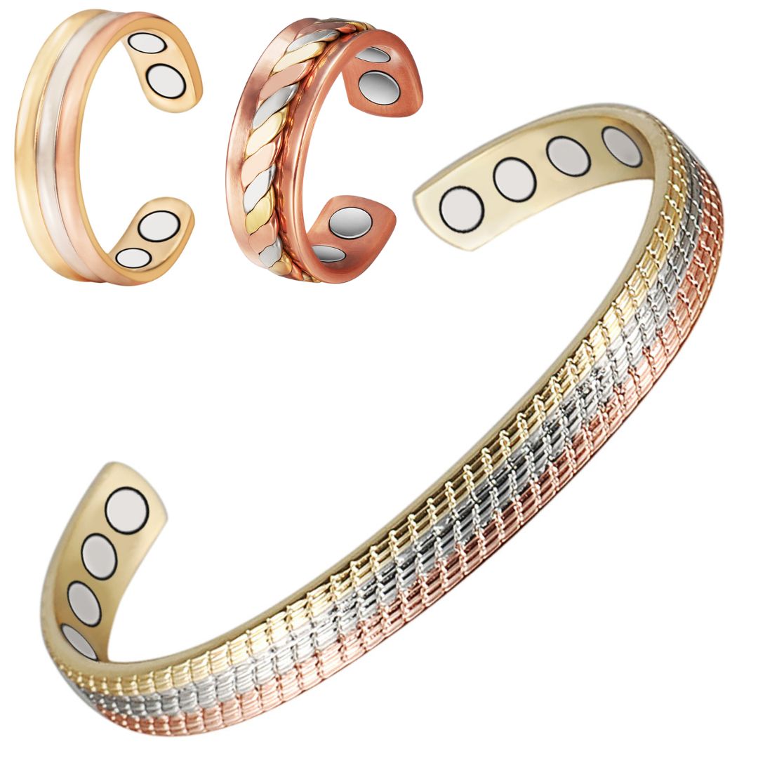 Wollet Tri Tone Magnetic Copper Bracelets Rings for Women, Set of 3 , Fashion Gift for Mom Wife Daughter