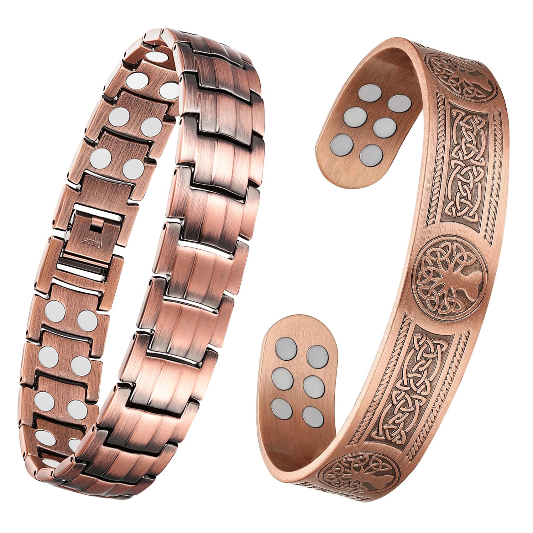 Wollet Wide Copper Magnetic Bracelet for Men with 18X Magnets,Pure Copper Jewelry Set of 2