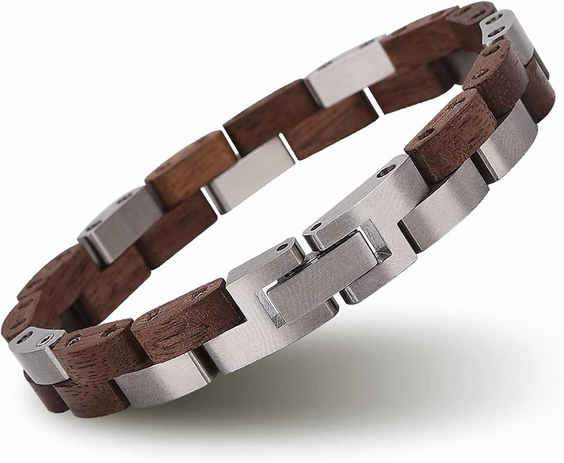 Wollet Wooden Bracelet for Men Stainless Steel Wood Jewelry Great Gift for Men,7.4 inches