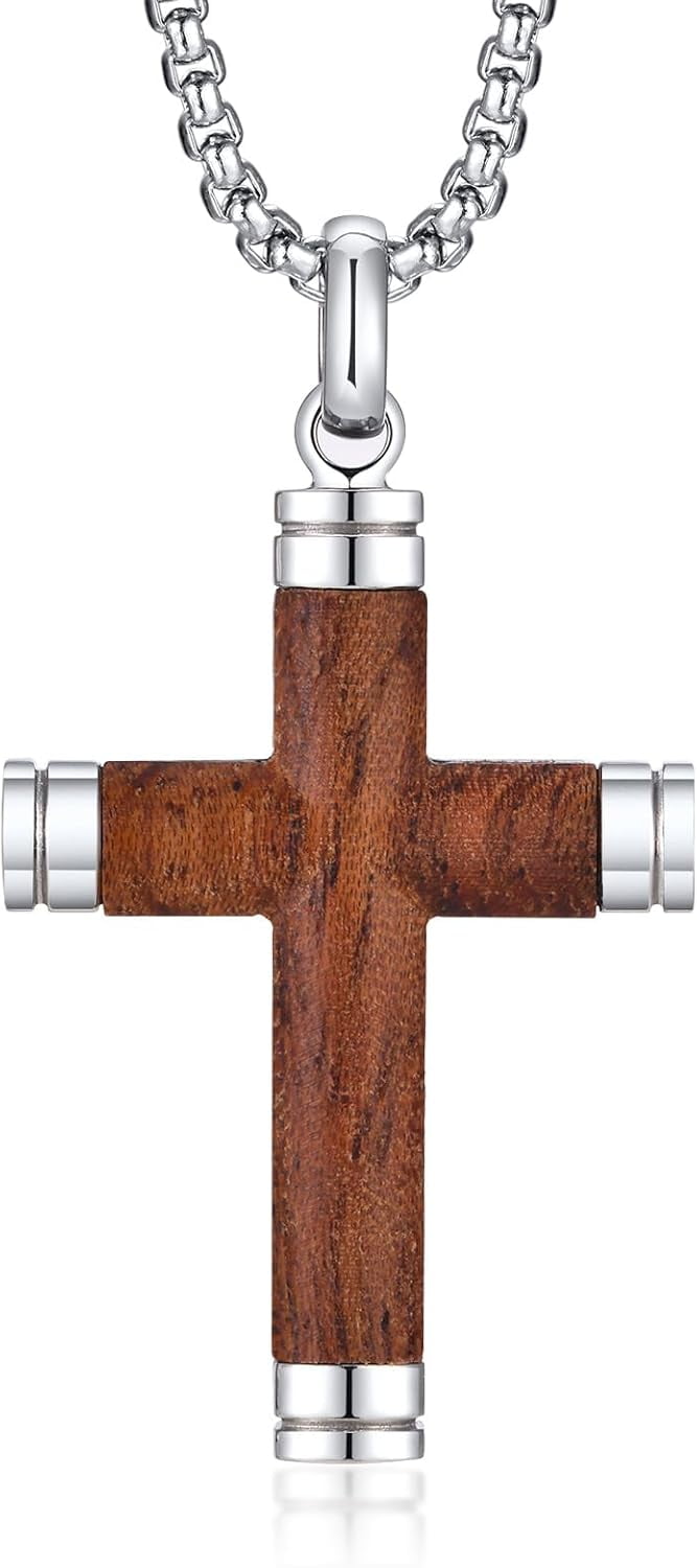 Wollet Wooden Cross Necklace Pendant for Men- Stainless Steel Chain, Mens Wood Jewelry Christian Baptism Crucifix Pendant