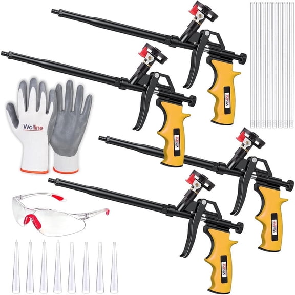 Wolline Professional Spray Foam Insulation Gun (4 Foam Gun + 16 Nozzle), Teflon-Coated Expanding Foam Gun, Foam Dispensing Gun, for Caulking, Insulating Foam Applicator Yellow - 4 Pack