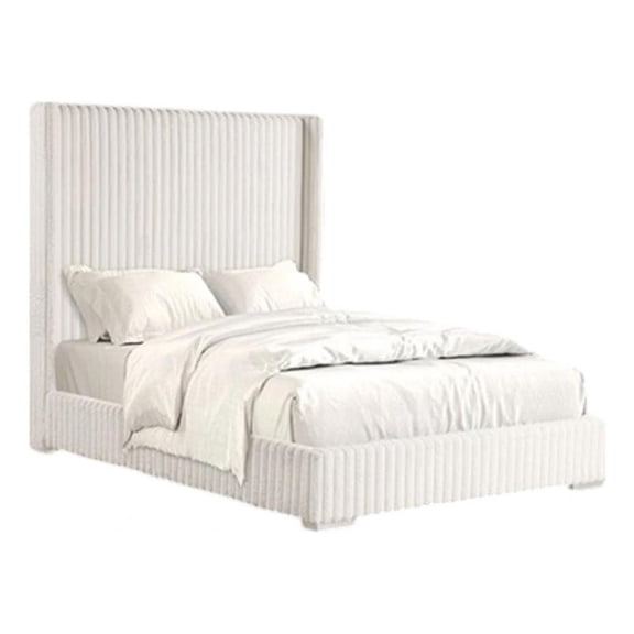 Wolo Full Bed-White Fur Chenille Ribbed Upholstery-Wing Headboard