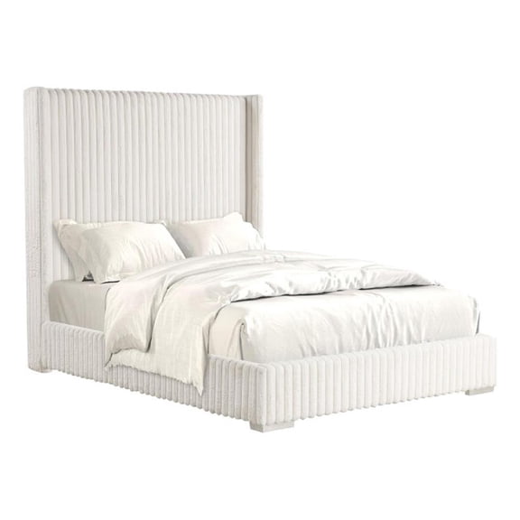 Wolo King Size Bed-White Channel Tufted Fur Chenille Upholstery