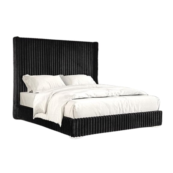 Wolo Queen Bed-Black Fur Chenille Ribbed Upholstery-Wing Headboard