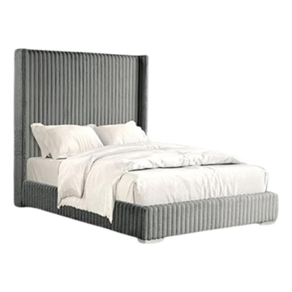 Wolo Queen Bed-Gray Fur Chenille Ribbed Upholstery-Wing Headboard