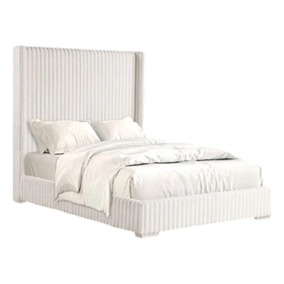 Wolo Twin Bed-White Fur Chenille Ribbed Upholstery-Wing Headboard