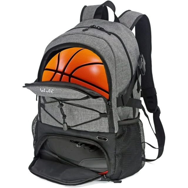 Wolt | Grey Basketball Backpack Large Sports Bag with Soccer and ...