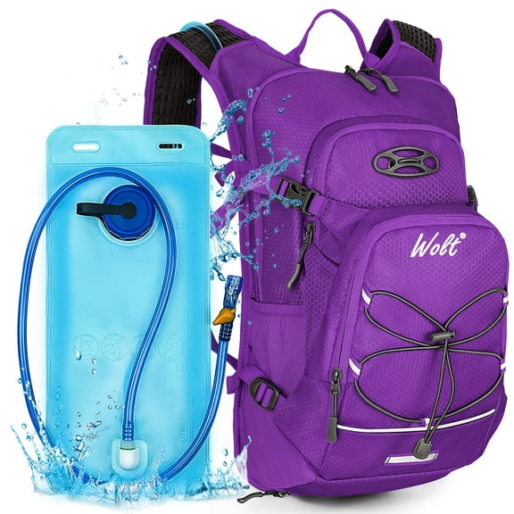 WOLT Hydration Backpack with 2L TPU Water Bladder and Helmet Carrying Capability, Purple