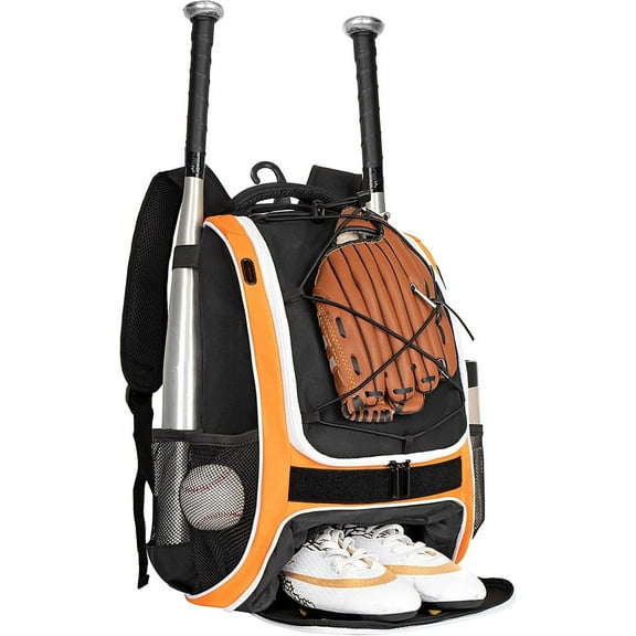 Wolt Youth Baseball Bag 29L Backpack for Yout Boys Equipment Fence Hook Oxford Fabric - New(Orange)
