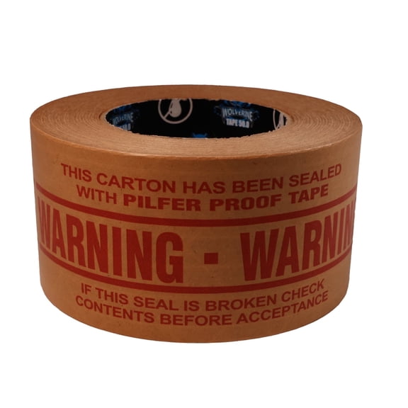 Wolverine 2.83" x 180' Broken Seal Kraft Tape, 768 Rolls, Printed Warning Tape for Tamper Evident Shipping