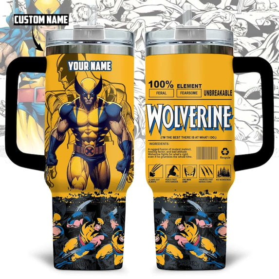 Wolverine 40oz Tumbler with Handle | Superhero 100% Mutant Element Insulated Cup | X-Men Logan Comic Book Art Travel Tumbler | Heroic Movie Fan Gift for Men & Women