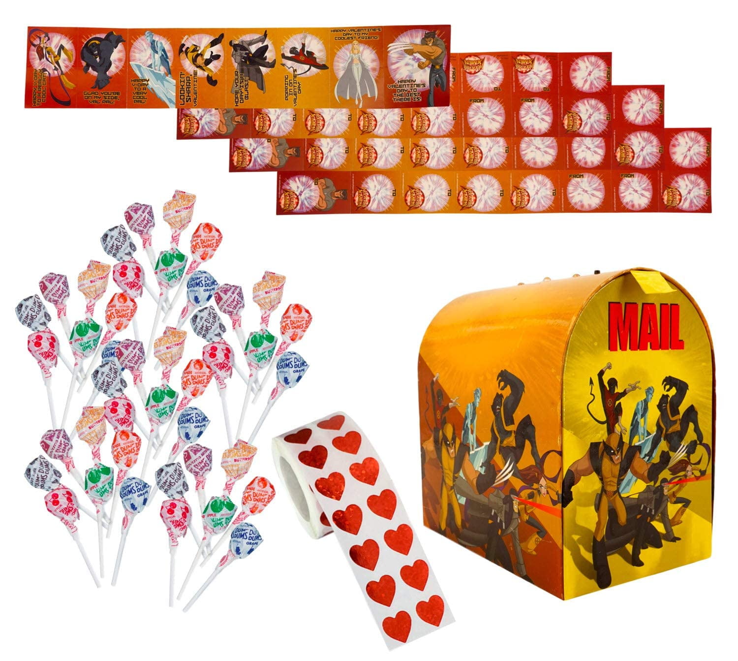 Wolverine And The X-Men Keepsake Light-Up Mailbox Bundle With 32 Valentine Cards, 32 Heart Sticker Seals, 32 Dum Dums