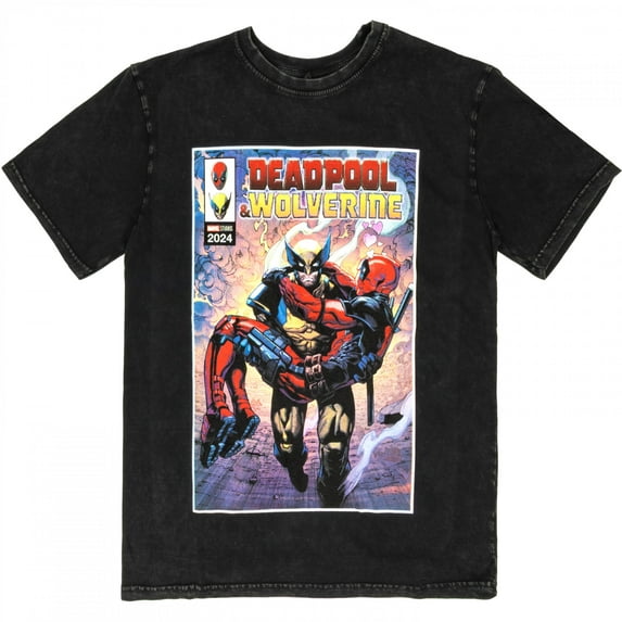 Wolverine Carrying Deadpool Stone Wash T-Shirt-Small