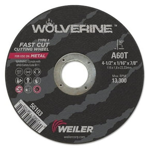 Wolverine Flat Type 1 Cutting Wheel, 4-1/2 in Diameter, 1/16 in Thick, 60 Grit, Alum Oxide | Bundle of 2 Each