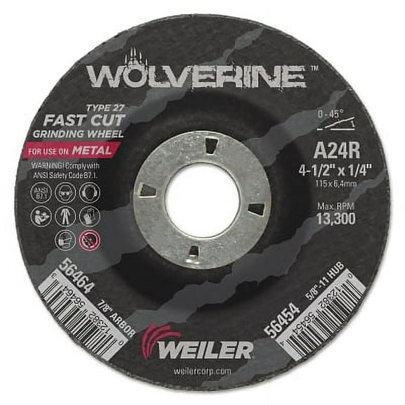 Wolverine Grinding Wheels, 4 1/2 In Dia, 1/4 In Thick, 7/8 In Arbor, 24 Grit, R | Bundle of 2 Each