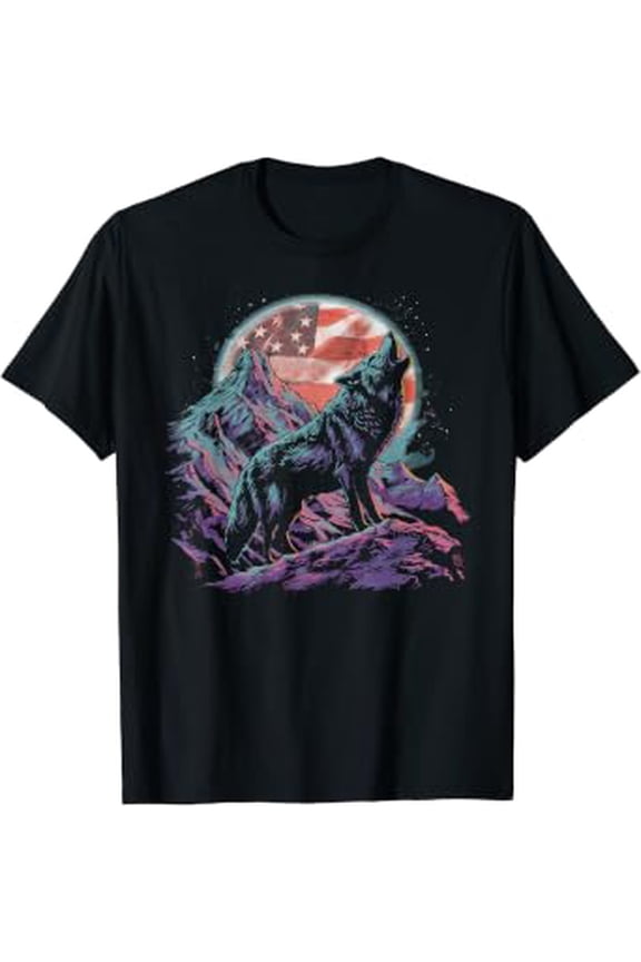 Wolves 4Th Of July American Flag Howling Wolf Under Usa Moon T-Shirt