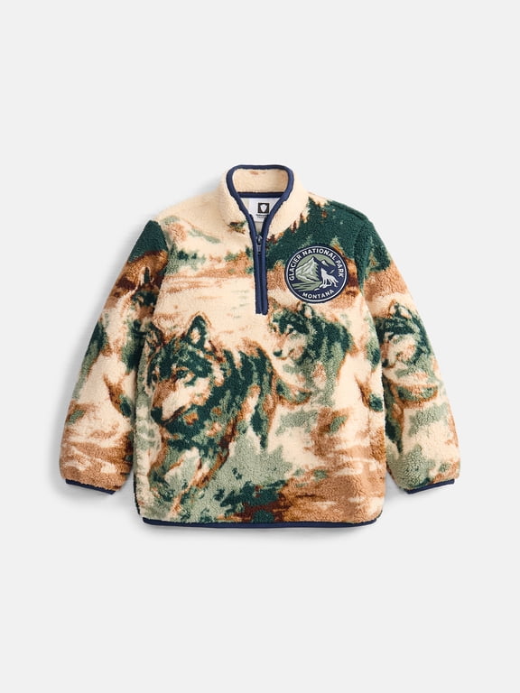 Glacier National Park Wolves Boys Fuzzy Fleece Half Zip Sweater, Sizes XS-XXL