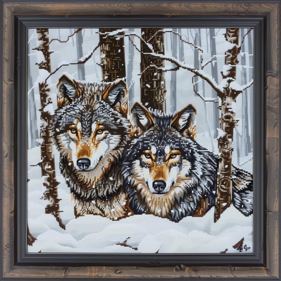 Wolves Couple Love in Snow DIY 11CT Stamped Cross Stitch Kits for Beginners Easy Needlepoint Embroidery Counted Cross Stitch Art Craft for Wall Decoration 14x14inch(2)