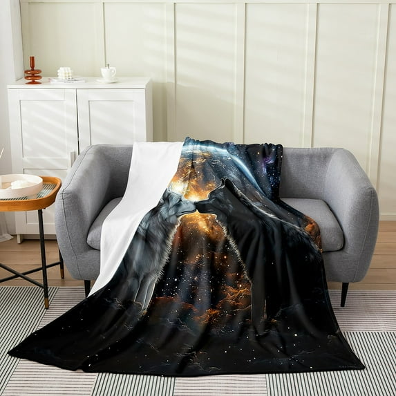 Wolves Flannel Blanket All Seasons,Mystic Universe Starry Glitter Planet Bed Blanket for Kawaii Home Decor,Wolf Couples Wild Animal Boho Tribal Sky Galaxy Blanket for Sofa Couch,40"x50"