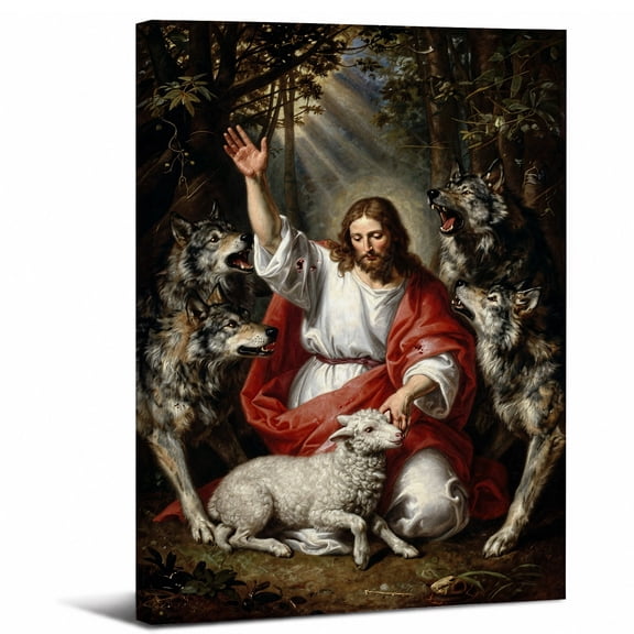 Wolves Forest Canvas Wall Art Framed,Spiritual Bible Themed Artwork Landscape canvas print for bathroom bedroom or living room decor,8x12in