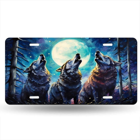 Wolves Howl Under The Moonlight In The Style Of Paint Decorative Signboard, Decorative Metal Plate with 4 Holes, 6x12inch Artistic Plate Frame