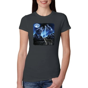 Wolves Howling Moon | Womens Animal Lover Slim Fit Junior Tee, Dark Grey, Medium