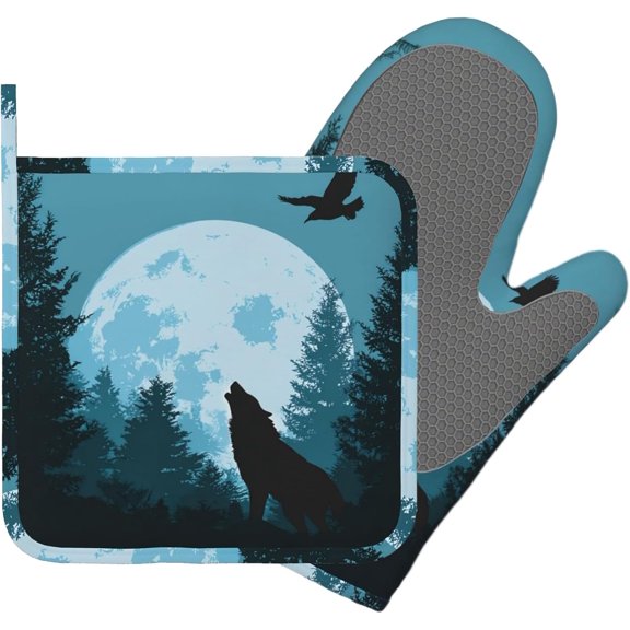 Wolves Howling in Night Heat-Resistant Oven Mitts and Pot Holder Full Moon Kitchen Non-Slip Silicone Cooking Microwave Gloves for Cooking Baking Grilling