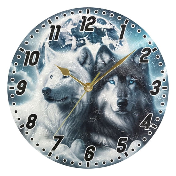 Wolves Lying under Moonlight Round Wall Clock Battery Operated Silent Non-Ticking Bedroom Office Kitchen Home School Decor 10"(Gold)