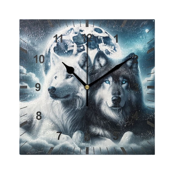 Wolves Lying under Moonlight Wall Clock Battery Operated Silent Non-Ticking Bedroom Office Kitchen Home School Decor 7.8"(Black)