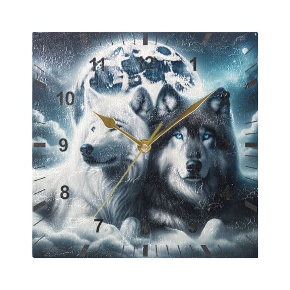 Wolves Lying under Moonlight Wall Clock Battery Operated Silent Non-Ticking Bedroom Office Kitchen Home School Decor 7.8"(Gold)