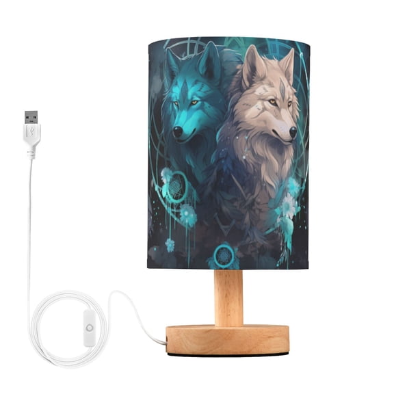 Wolves Magic Leaves Table Lamp USB Bedside Desk Nightstand Lamp Printed Gifts Small Lamp Wood Base for Bedroom Living Room Kids Room College Dorm