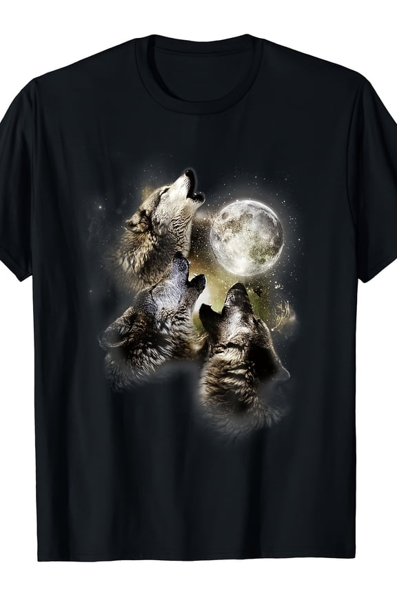 Wolves Moon Graphic T-shirt - 100% Cotton, Short Sleeve, Black Casual Tee With Realistic Wolf & Celestial Design, Machine Washable, Casual Wear Tee | Mystical Wolf Design | Digital Heat Transfer