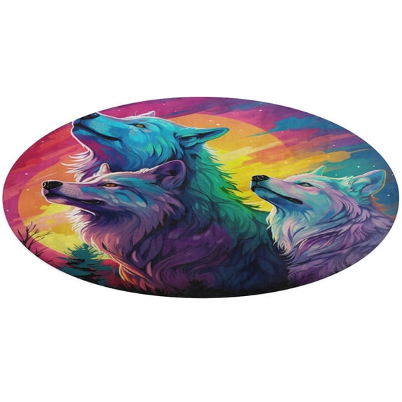 Wolves in The Moonlight Floral Medallion Round Rug - Small Round Area Rug, Soft Non-Slip Machine Washable Bedroom Mat Indoor Accent Entry Carpet for Office Desk Dorm Hallway