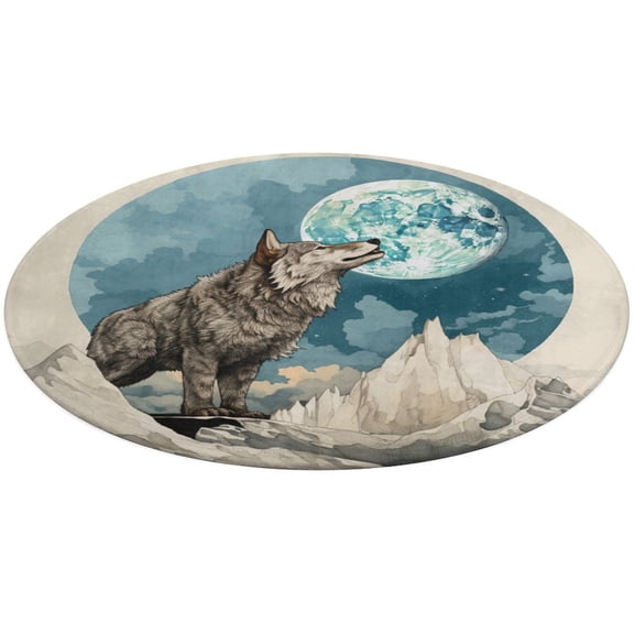 Wolves in The Moonlight Soft Bedroom Round Area Rug, Washable Cute Nursery Circle Throw Mat, Non-Slip Contemporary Small Low Pile Floor Carpet for Dorm Bedside