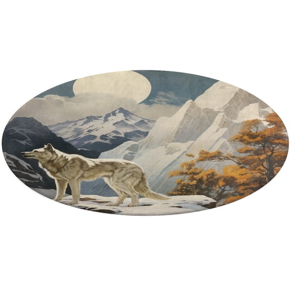 Wolves in The Moonlight Soft Bedroom Round Area Rug, Washable Cute Nursery Circle Throw Mat, Non-Slip Contemporary Small Low Pile Floor Carpet for Dorm Bedside