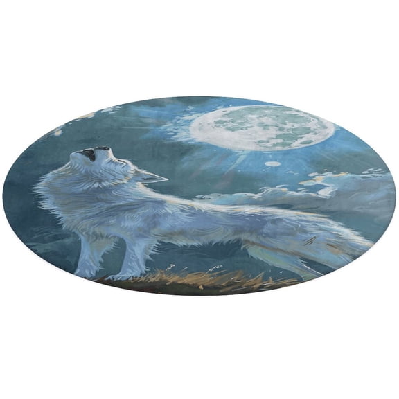 Wolves in The Moonlight Soft Bedroom Round Area Rug, Washable Cute Nursery Circle Throw Mat, Non-Slip Contemporary Small Low Pile Floor Carpet for Dorm Bedside