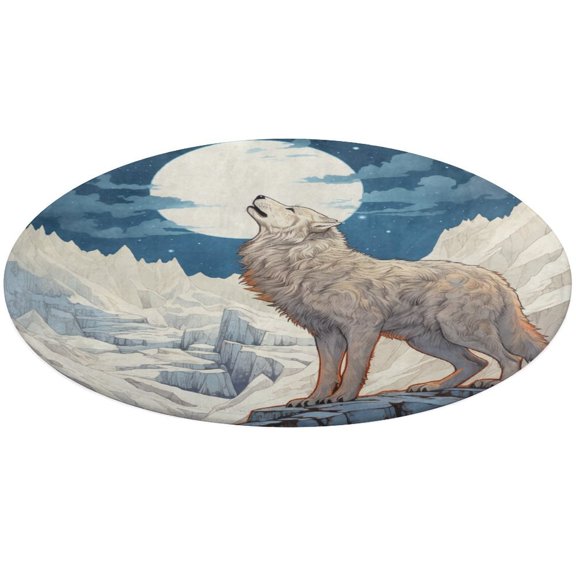 Wolves in The Moonlight Soft Bedroom Round Area Rug, Washable Cute Nursery Circle Throw Mat, Non-Slip Contemporary Small Low Pile Floor Carpet for Dorm Bedside
