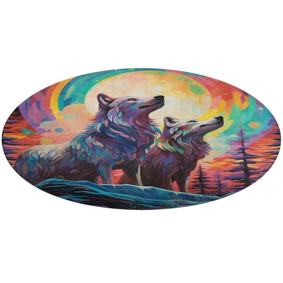 Wolves in The Moonlight Soft Bedroom Round Area Rug, Washable Cute Nursery Circle Throw Mat, Non-Slip Contemporary Small Low Pile Floor Carpet for Dorm Bedside